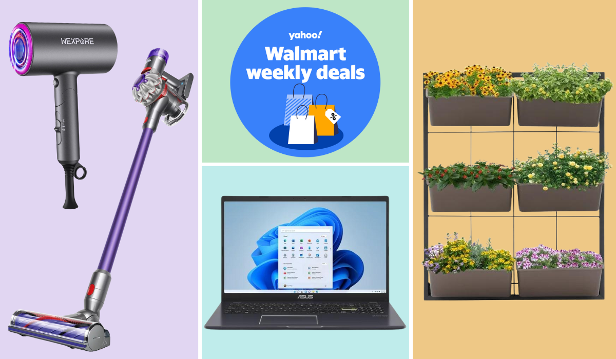 Nexpure hair dryer, Dyson stick vacuum, laptop, and 6-box vertical garden alongside badge that reads 