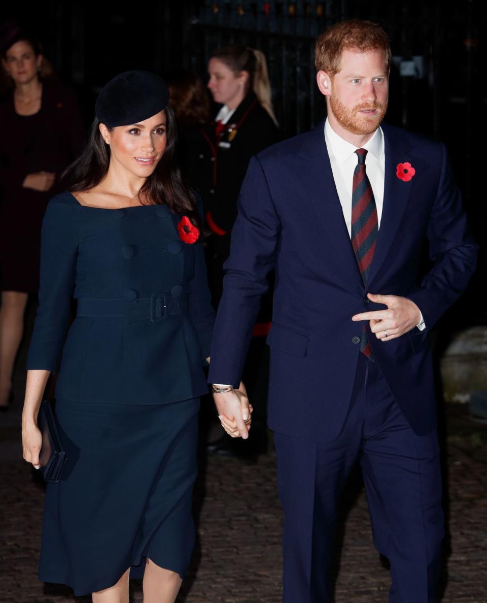 <p>The Duke and Duchess of Sussex arrive hand-in-hand to Westminster Abbey where they join other members of the royal family for a service to mark the centenary of the Armistice. </p>