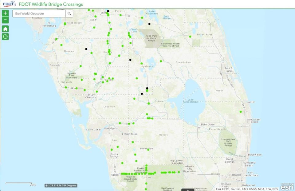 PHOTO: Each of the green dots represent crossings the Florida Department of Transportation is monitoring for wildlife. (Florida Department of Transportation)