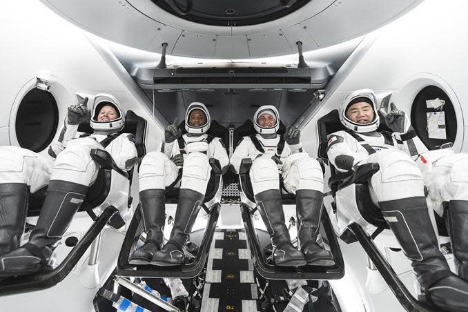 The SpaceX Crew-1 astronauts (left to right): Shannon Walker, pilot Victor Glover, commander Michael Hopkins and Japanese astronaut Soichi Noguchi. / Credit: NASA