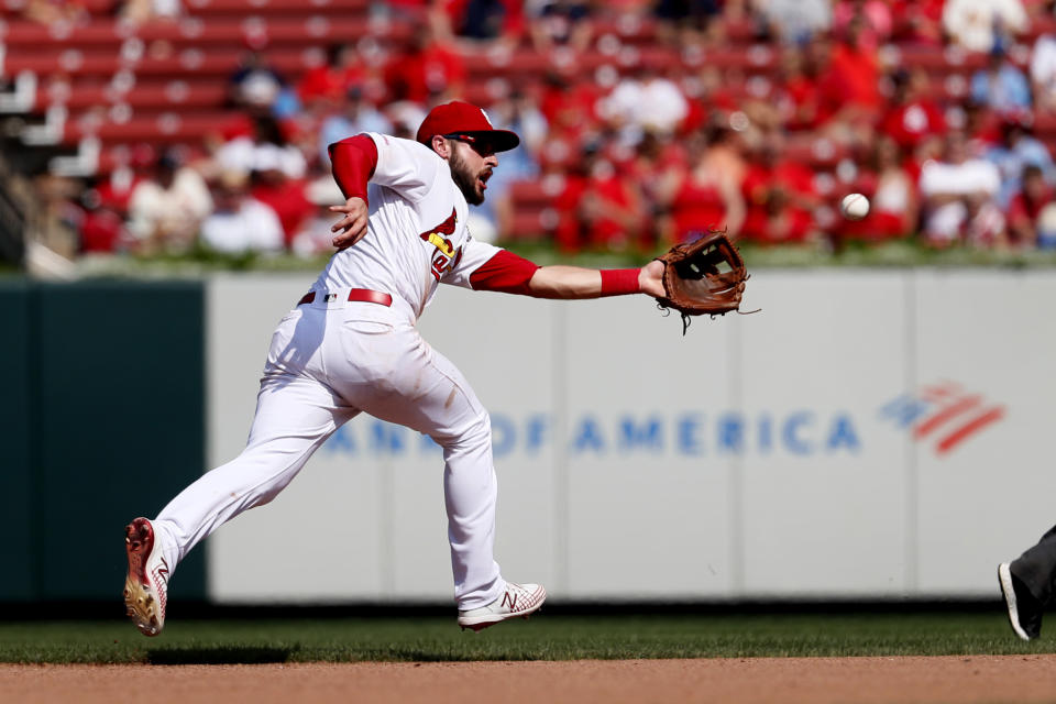 St. Louis Cardinals shortstop Paul DeJong catches a line drive by San Francisco Giants' Kevin Pillar during the seventh inning of a baseball game Monday, Sept. 2, 2019, in St. Louis. (AP Photo/Jeff Roberson)