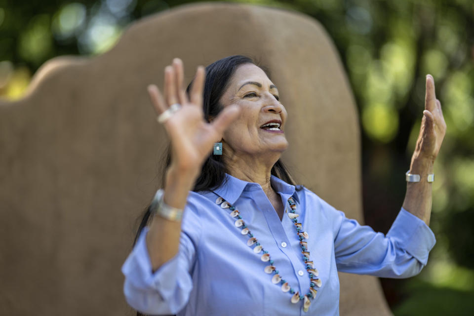 U.S. Interior Secretary Deb Haaland speaks to The Associated Press, in Albuquerque, N.M., Monday, June 12, 2023. (AP Photo/Roberto E. Rosales)