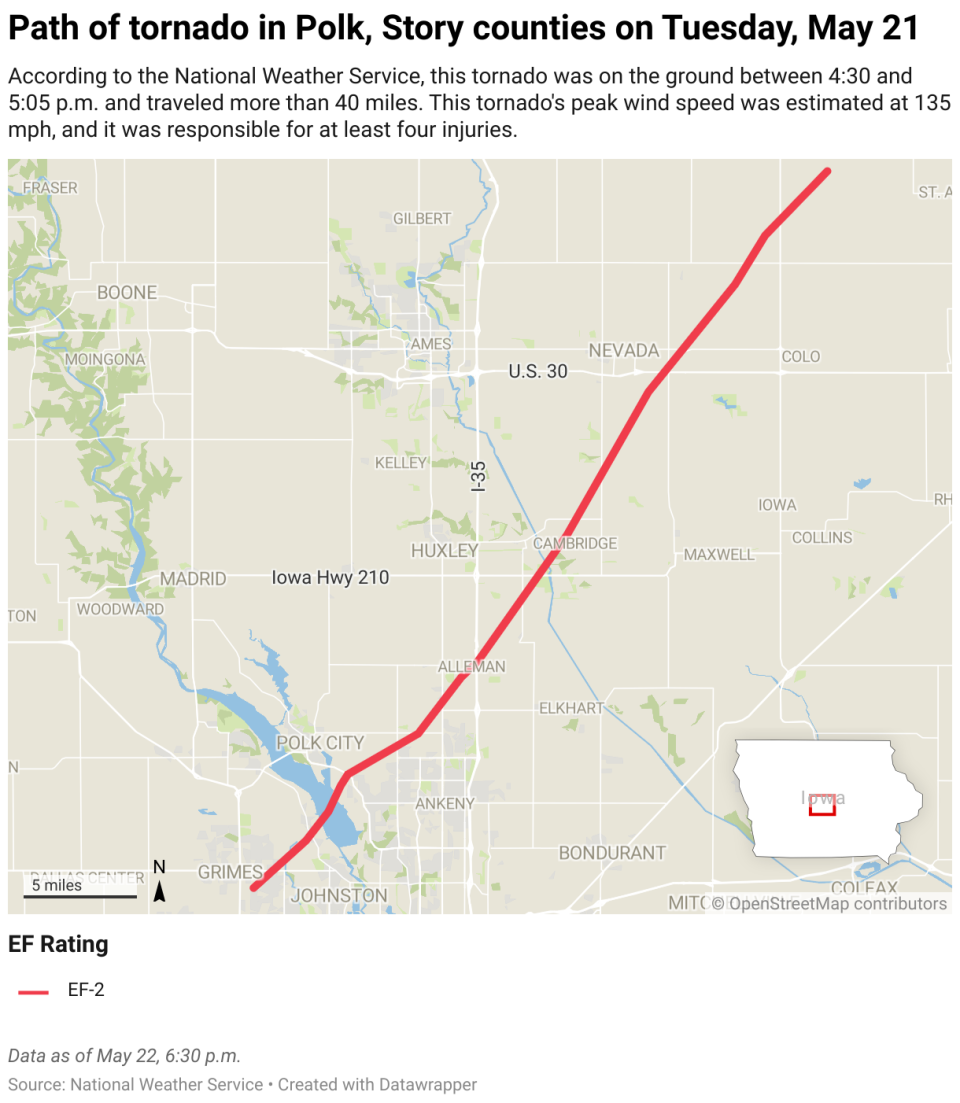 A map of Polk and Story counties showing the path of a tornado beginning near Grimes and Johnston and traveling northeast, past Alleman, Cambridge and Nevada before ending near Zearing.