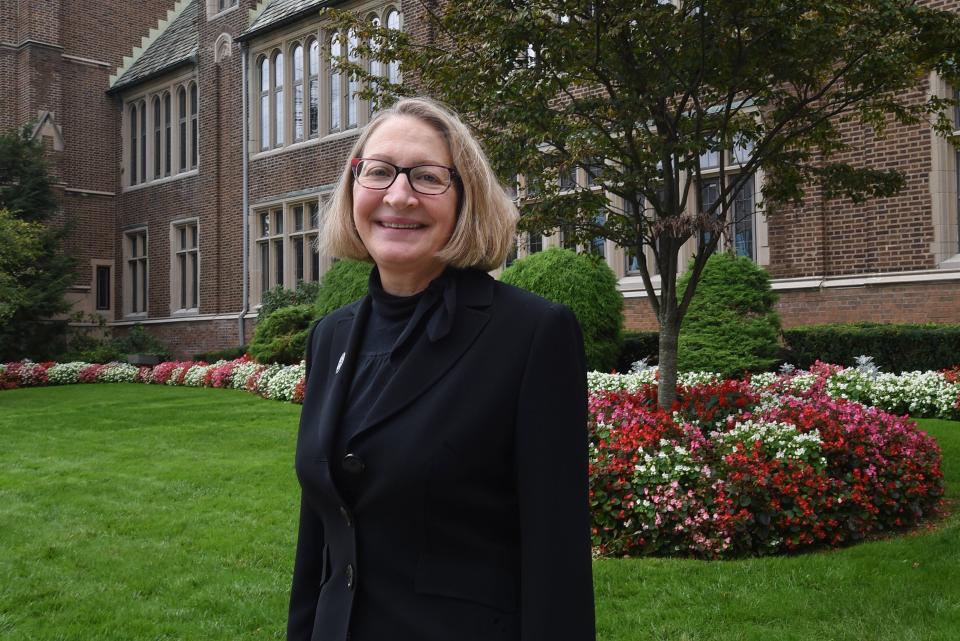Mercyhurst University President Kathleen Getz is shown outside of Old main in September of 2021.