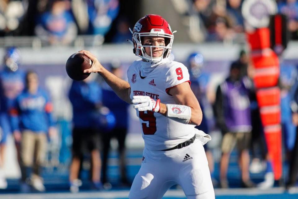 Fresno State quarterback Jake Haener looks to pass the ball against Boise State during the first half of a college football game for the Mountain West championship, Saturday, Dec. 3, 2022, in Boise, Idaho.