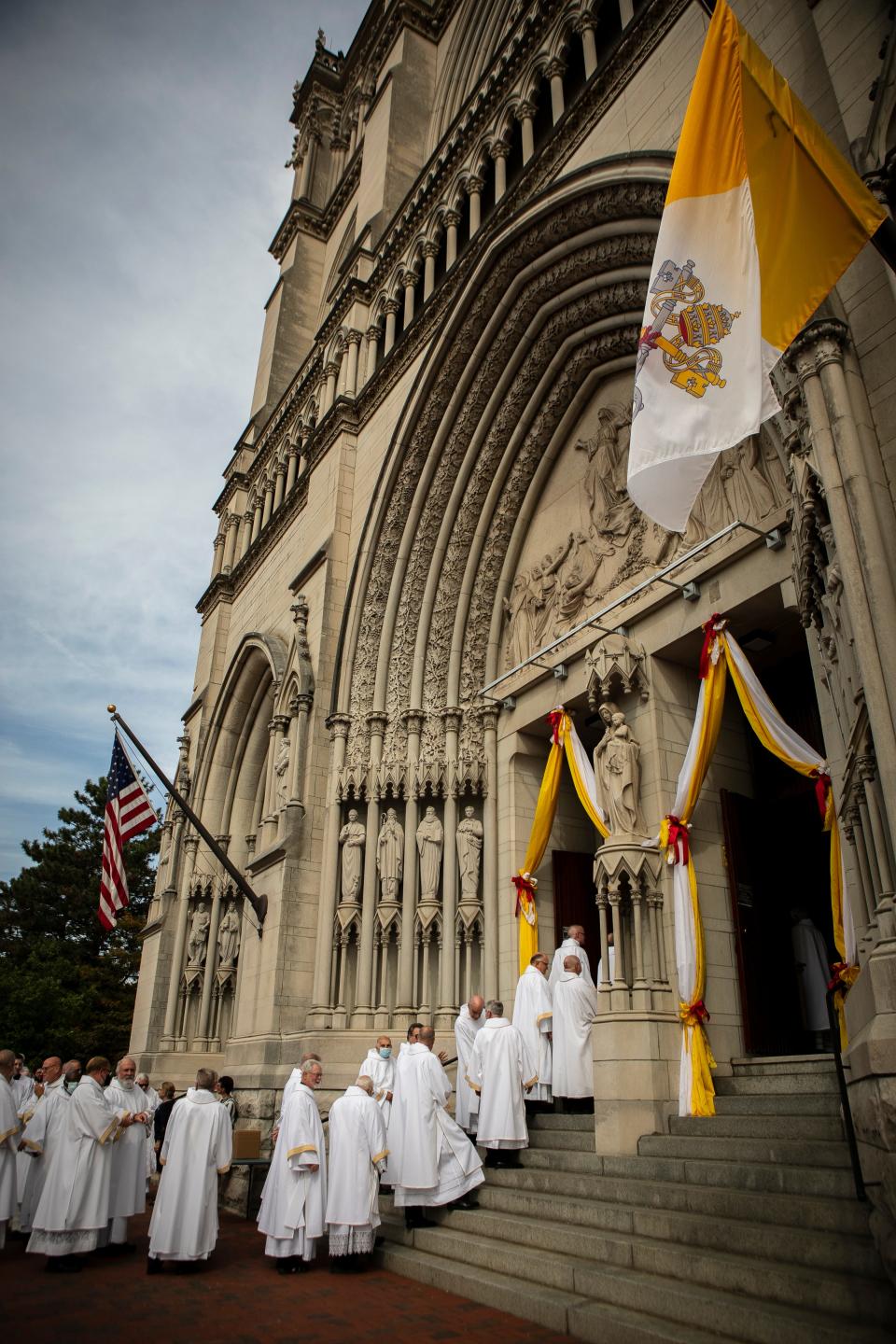 Clergy members make their way into the Cathedral Basilica of the Assumption, in Covington, prior to a ceremony installing and ordaining the new bishop of the Diocese of Covington, John C. Iffert, on Thursday, Sept. 30. Iffert was announced as bishop-elect in July by Pope Francis and will replace Bishop Roger Foys.