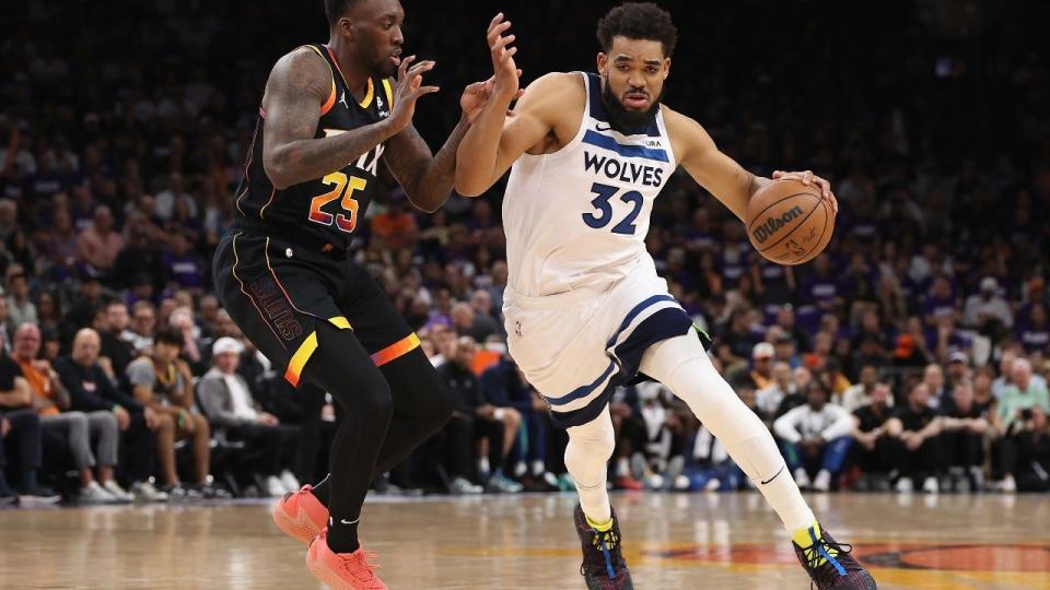 <div><a class="link " href="https://sports.yahoo.com/nba/players/5432/" data-i13n="sec:content-canvas;subsec:anchor_text;elm:context_link" data-ylk="slk:Karl-Anthony Towns;sec:content-canvas;subsec:anchor_text;elm:context_link;itc:0">Karl-Anthony Towns</a> #32 of the <a class="link " href="https://sports.yahoo.com/nba/teams/minnesota/" data-i13n="sec:content-canvas;subsec:anchor_text;elm:context_link" data-ylk="slk:Minnesota Timberwolves;sec:content-canvas;subsec:anchor_text;elm:context_link;itc:0">Minnesota Timberwolves</a> drives the ball against <a class="link " href="https://sports.yahoo.com/nba/players/6213/" data-i13n="sec:content-canvas;subsec:anchor_text;elm:context_link" data-ylk="slk:Nassir Little;sec:content-canvas;subsec:anchor_text;elm:context_link;itc:0">Nassir Little</a> #25 of the <a class="link " href="https://sports.yahoo.com/nba/teams/phoenix/" data-i13n="sec:content-canvas;subsec:anchor_text;elm:context_link" data-ylk="slk:Phoenix;sec:content-canvas;subsec:anchor_text;elm:context_link;itc:0">Phoenix</a> Sunsduring the first half of game four of the Western Conference First Round Playoffs at Footprint Center on April 28, 2024 in Phoenix, Arizona.</div> <strong>((Photo by Christian Petersen/Getty Images))</strong>