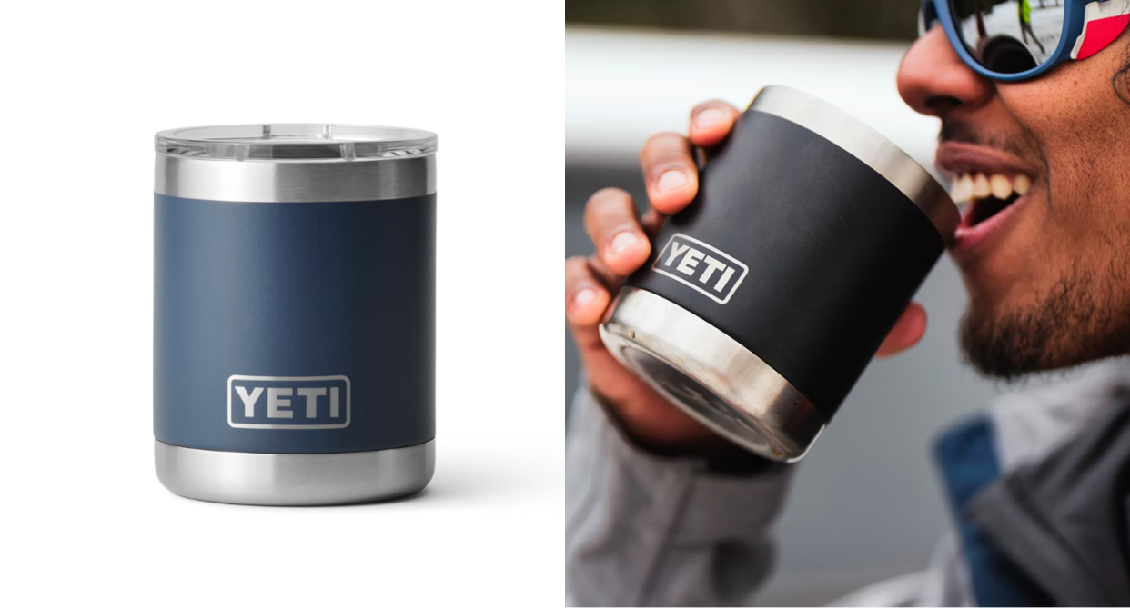 Yeti Rambler 295 mL Lowball cup in Navy/silver, man drinking from Yeti Rambler mug