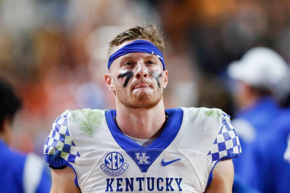 Kentucky quarterback Will Levis (7) threw three interceptions and was sacked four times last season in UK’s 44-6 loss at Tennessee.