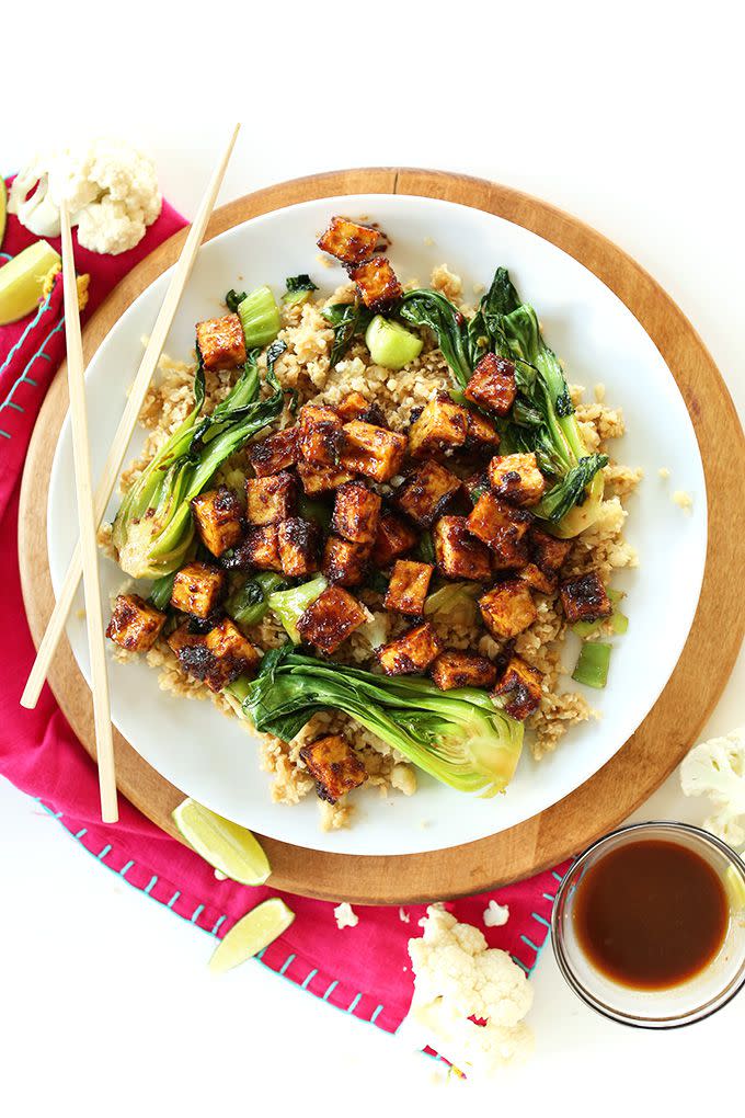 Crispy Peanut Tofu and Cauliflower Rice Stir Fry