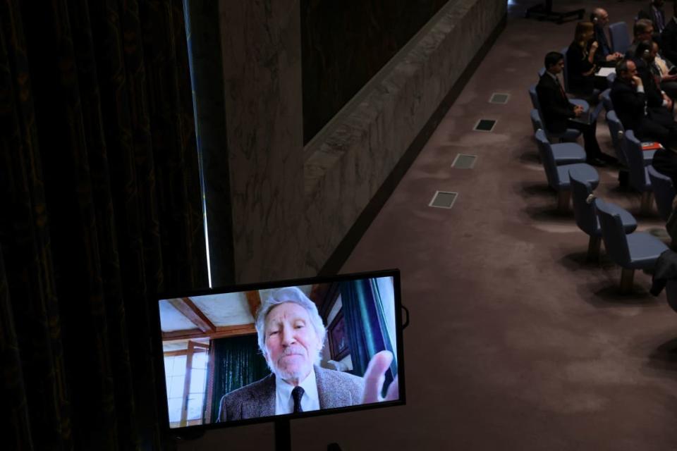<div class="inline-image__caption"><p>Pink Floyd co-founder Roger Waters is seen speaking on a video screen during a U.N. Security Council meeting on Ukraine at the United Nations headquarters in New York City, U.S., February 8, 2023. </p></div> <div class="inline-image__credit">REUTERS/Shannon Stapleton</div>