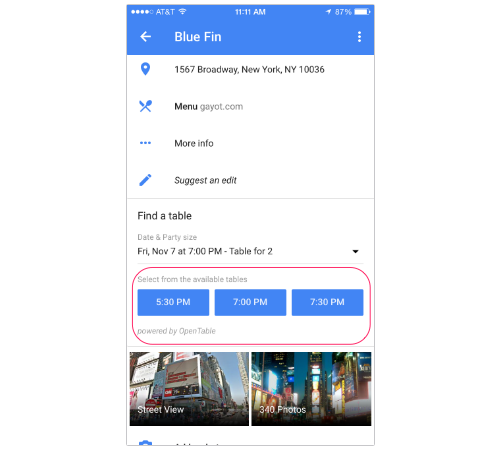 Reservation page in Google Maps