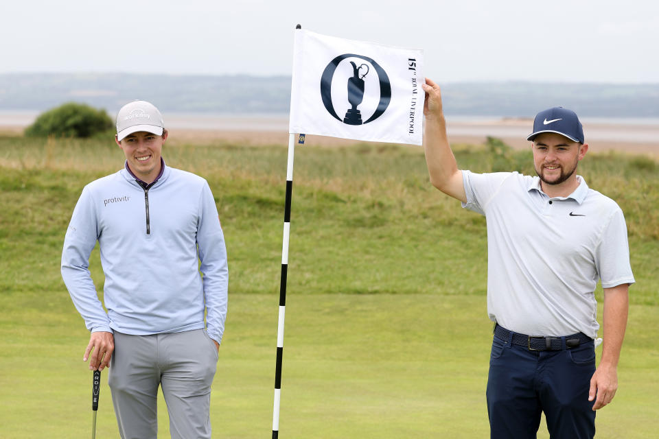 HOYLAKE, ENGLAND - JULY 18: Matt Fitzpatrick of England and Alex Fitzpatrick of England pose for a picture during a practice round prior to The 151st Open at Royal Liverpool Golf Club on July 18, 2023 in Hoylake, England. (Photo by Warren Little/Getty Images)