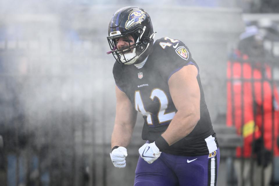 Baltimore Ravens fullback Patrick Ricard takes to the field before an NFL football game against the Atlanta Falcons in December,