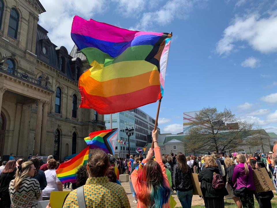 Supporters of gender policy in N.B. schools wave pride flags outside the legislature on Saturday.