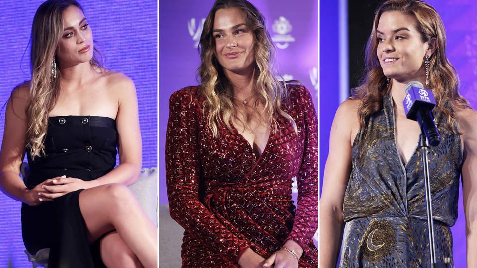 Paula Badosa, Aryna Sabalenka and Maria Sakkari, pictured here speaking to the media at the WTA Finals launch.