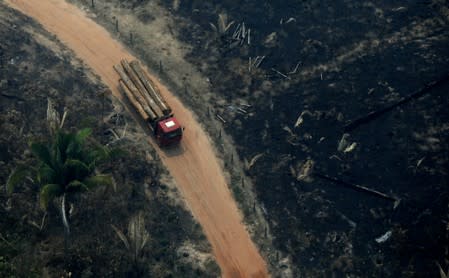 A truck loaded with logs cut from an area of the Amazon rainforest is seen in Boca do Acre