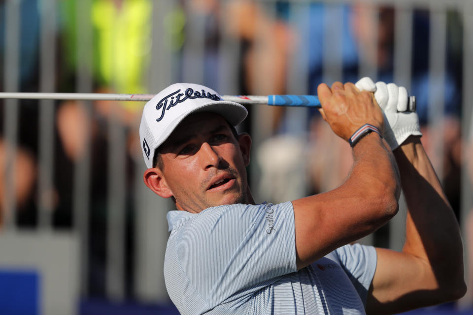 Scott Stallings hits off the first tee during the second round of the PGA Zurich Classic golf tournament at TPC Louisiana in Avondale, La., Friday, April 26, 2019. (AP Photo/Gerald Herbert)