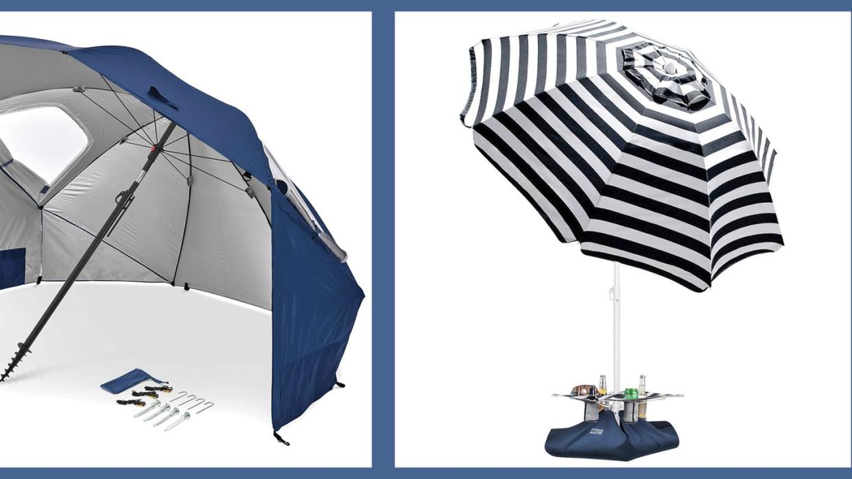 a couple of blue and white umbrellas