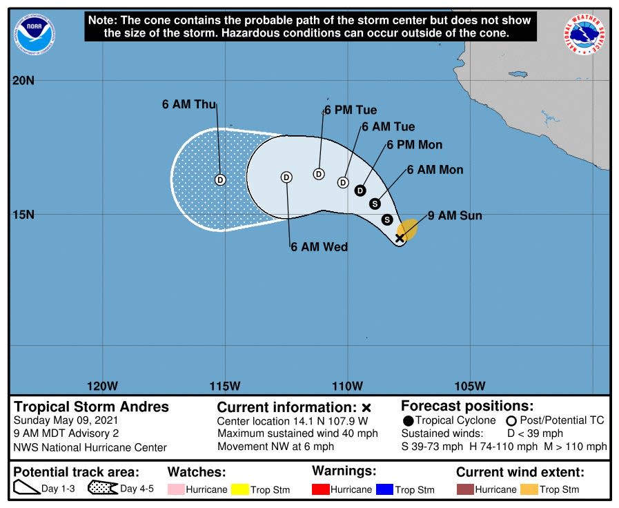 A graphic from the National Hurricane Center shows a possible path of Tropical Storm Andres, which has formed in the Pacific Ocean off the coast of Mexico.