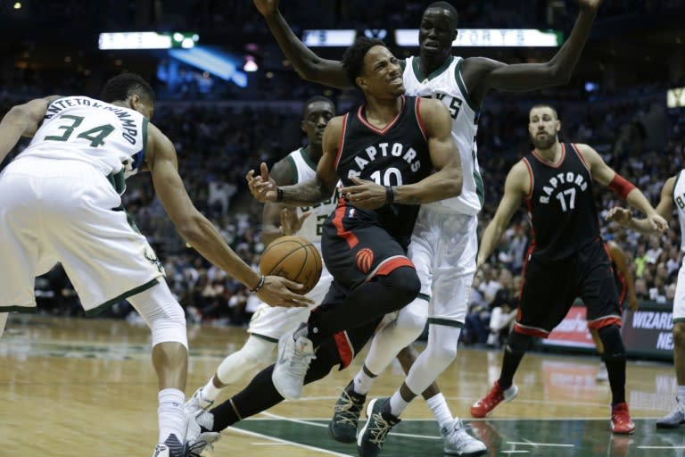 DeMar DeRozan of the Toronto Raptors gets stripped of the ball by Giannis Antetokounmpo of the Milwaukee Bucks in Game Four of the Eastern Conference quarter-finals during the 2017 NBA Playoffs, in Milwaukee, Wisconsin, on April 22