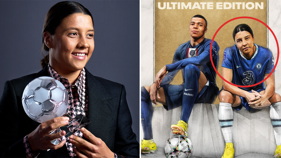 Sam Kerr (pictured left) with the PFPA award and (pictured right) Kerr with Kylian Mbappe on the cover of EA Sports FIFA 23.