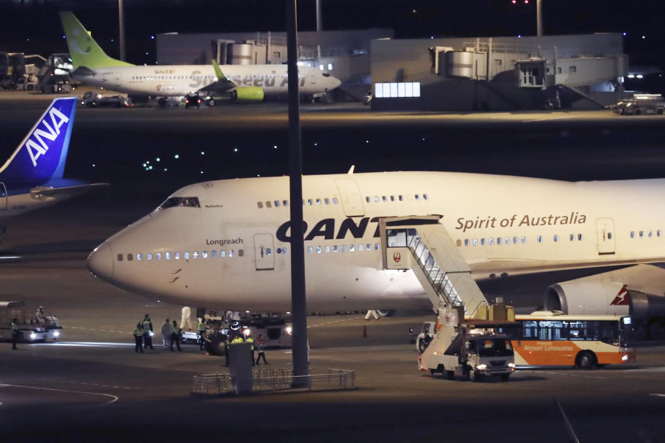 Qantas plane for Australian citizens evacuated from the cruise ship at Tokyo's Haneda airport.