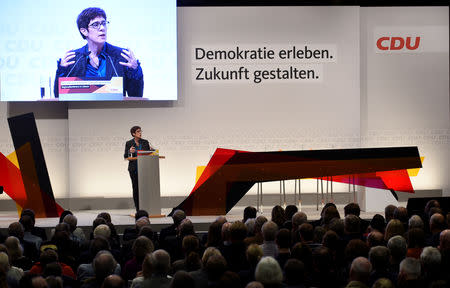 Christian Democratic Union (CDU) candidate Annegret Kramp-Karrenbauer speaks at a regional conference in Luebeck, Germany, November 15, 2018. REUTERS/Fabian Bimmer