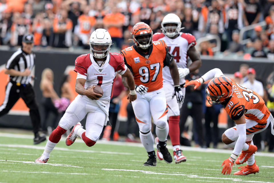 CINCINNATI, OH - OCTOBER 06: Cincinnati Bengals Defensive Tackle Geno Atkins (97) and Cincinnati Bengals Safety Jessie Bates III (30) chase Arizona Cardinals Quarterback Kyler Murray (1) during the NFL football bag between the Arizona Cardinals and the Cincinnati Bengals on October 6, 2019, at Paul Brown Stadium in Cincinnati, Ohio. (Photo by Michael Allio/Icon Sportswire via Getty Images)