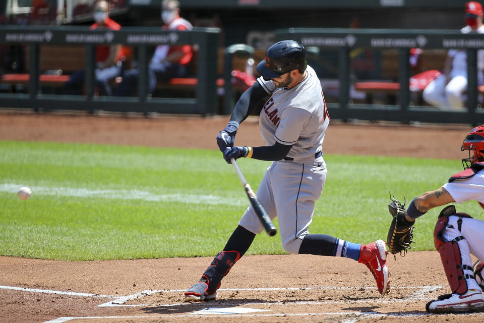 Cleveland Indians' Tyler Naquin hits a two-run home run during the second inning of a baseball game against the St. Louis Cardinals Sunday, Aug. 30, 2020, in St. Louis. (AP Photo/Scott Kane)