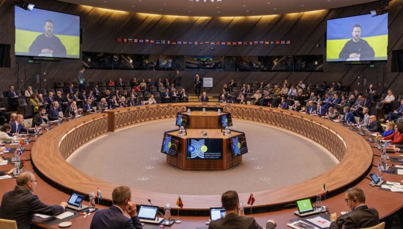 Volodymyr Zelenskyy, President of Ukraine participates vitually in the meeting of the NATO-Ukraine Council at the level of Allied Defence Ministers with chaired by NATO Secretary General Jens Stoltenberg. -/NATO/dpa