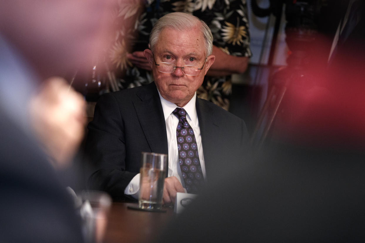 Attorney General Jeff Sessions listens to President Trump speak during a roundtable on immigration policy, May 16, 2018, in the White House. (Photo: Evan Vucci/AP)