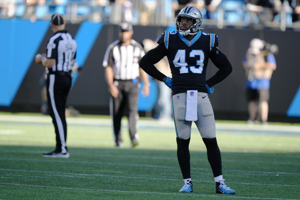 Carolina Panthers outside linebacker Haason Reddick (43) looks on after overtime of an NFL football game against the Minnesota Vikings, Sunday, Oct. 17, 2021, in Charlotte, N.C. The Minnesota Vikings won 34-28. (AP Photo/Jacob Kupferman)