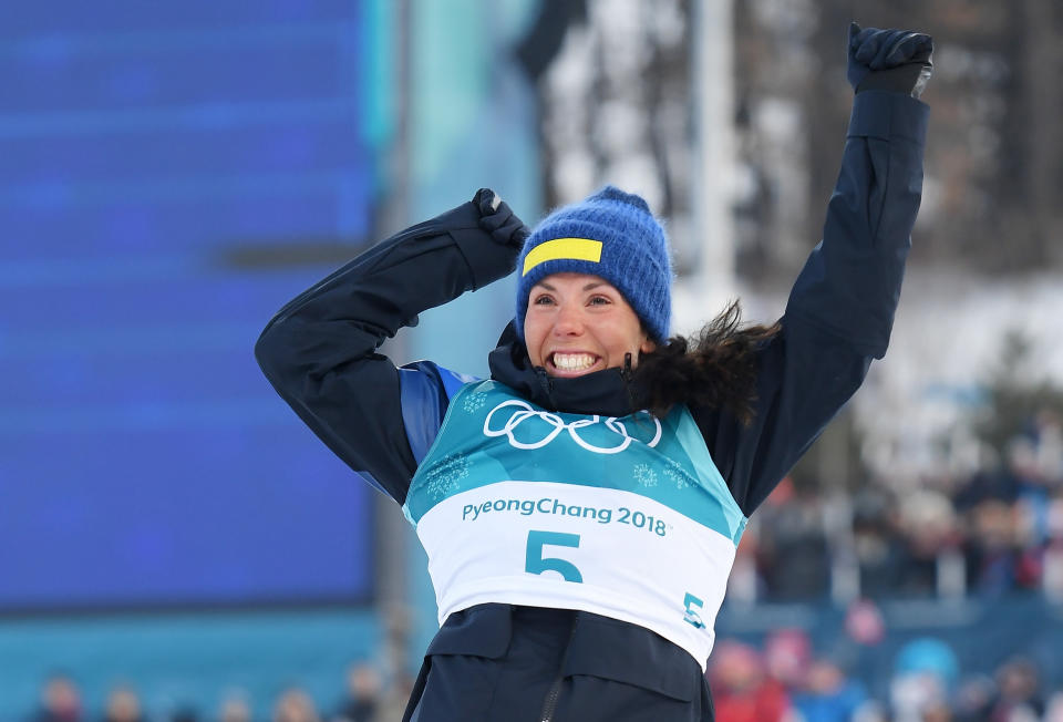 <p>Gold medalist Charlotte Kalla of Sweden celebrates during the victory ceremony for the Ladies Cross Country Skiing 7.5km + 7.5km Skiathlon on day one of the PyeongChang 2018 Winter Olympic Games at Alpensia Cross-Country Centre on February 10, 2018 in Pyeongchang-gun, South Korea. </p>