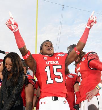 LAS VEGAS, NV - DECEMBER 20:  Wide receiver Dominique Hatfield #15 of the Utah Utes celebrates after the team defeated the Colorado State Rams 45-10 in the Royal Purple Las Vegas Bowl at Sam Boyd Stadium on December 20, 2014 in Las Vegas, Nevada.  (Photo by Ethan Miller/Getty Images)