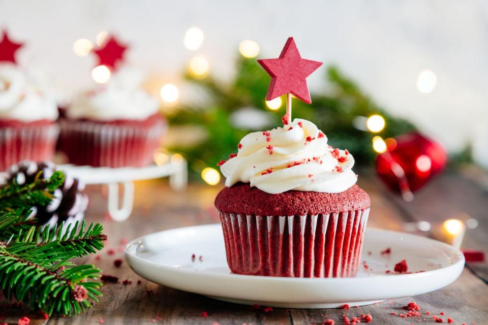 december holidays  red velvet cupcake on a plate