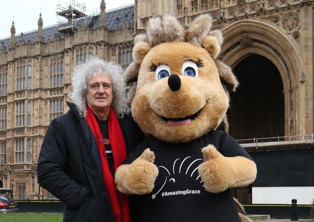 Brian May stands beside Grace the Hedgehog, mascot of the Save Me Trust, in College Green, opposite the Palace of Westminster in London. (Photo by Jonathan Brady/PA Images via Getty Images)