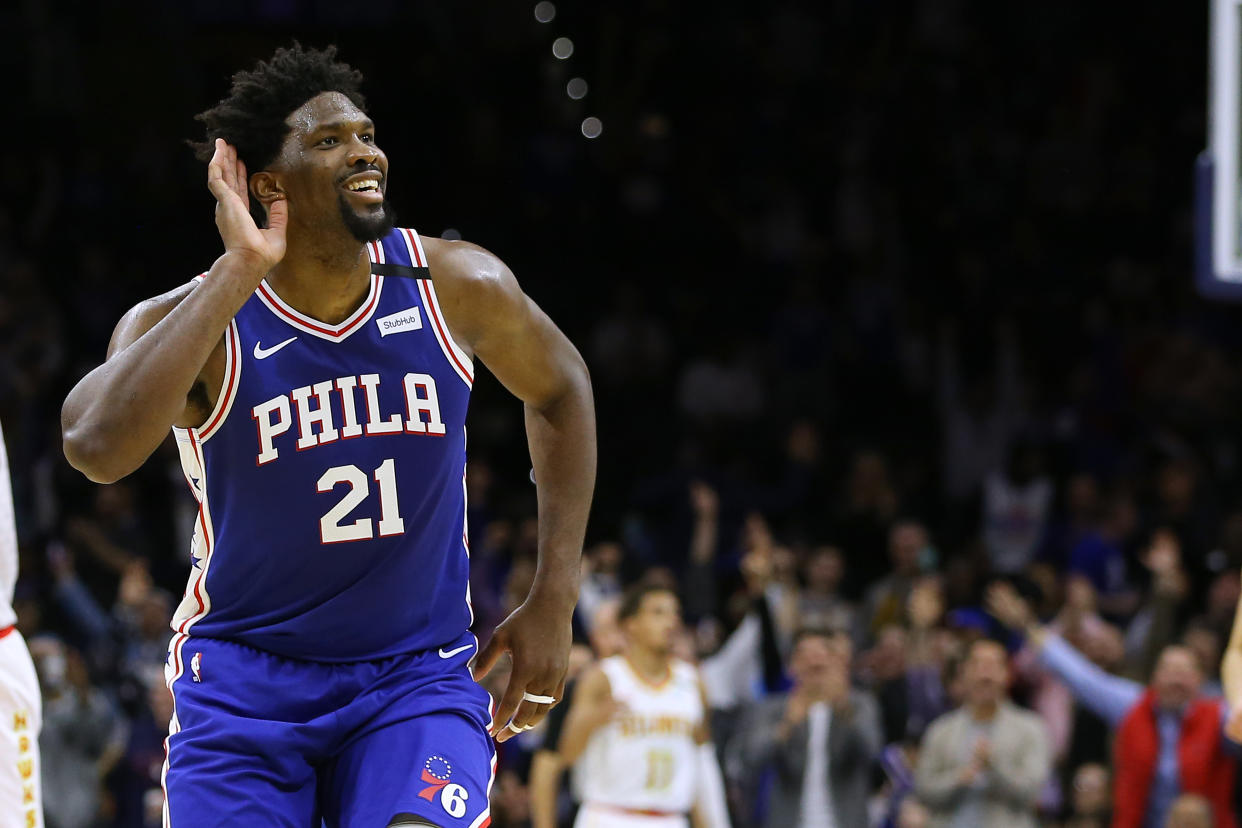 Joel Embiid egged on the home crowd after he hit a career high. (Rich Schultz/Getty Images)