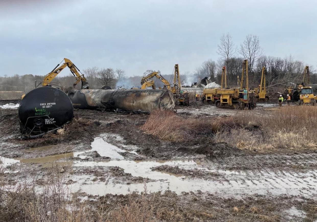Officials continue to conduct operation and inspect the area after the train derailment in East Palestine, Ohio, United States on February 17, 2023. The train derailment happened on Feb. 3 in which 38 cars derailed, including 11 containing hazardous materials, forcing hundreds of residents to evacuate for several days. (Photo by