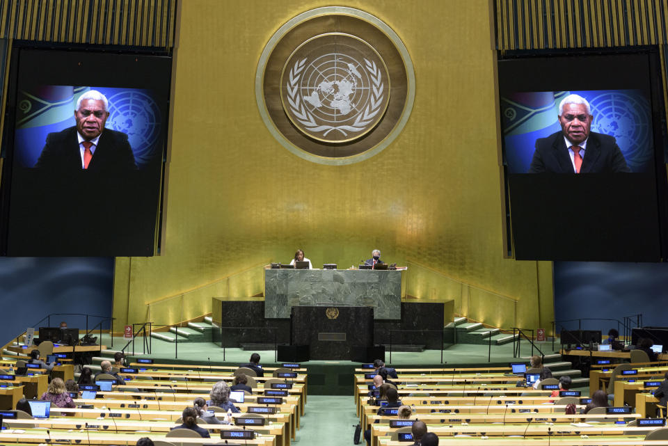 In this photo provided by the United Nations, Bob Loughman, prime minister of Vanuatu, speaks in a pre-recorded message which was played during the 75th session of the United Nations General Assembly, Saturday, Sept. 26, 2020, at U.N. headquarters. (Manuel Elias/UN Photo via AP)