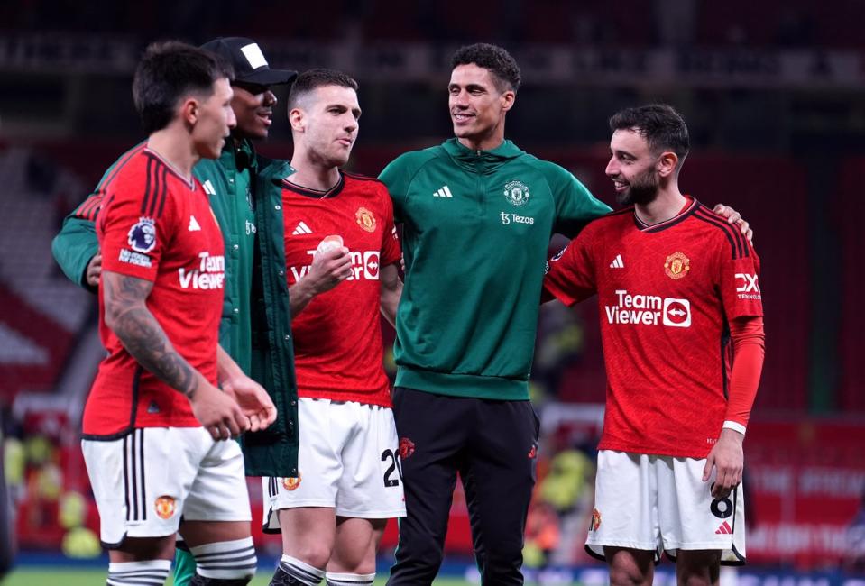 Manchester United's Lisandro Martinez, Anthony Martial, Diogo Dalot, Raphael Varane and Bruno Fernandes (Martin Rickett/PA Wire)