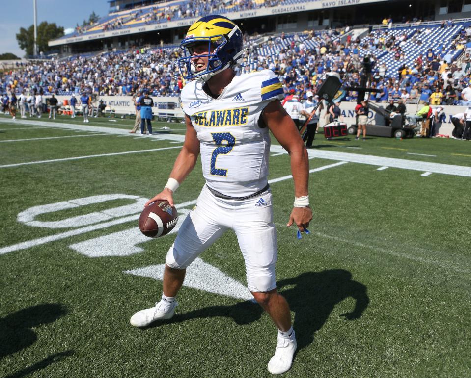 Delaware's Nolan Henderson celebrates the win after the Blue Hens' 14-7 victory against Navy at Navy-Marine Corps Memorial Stadium in Annapolis, Md., Saturday, Sept. 3, 2022.