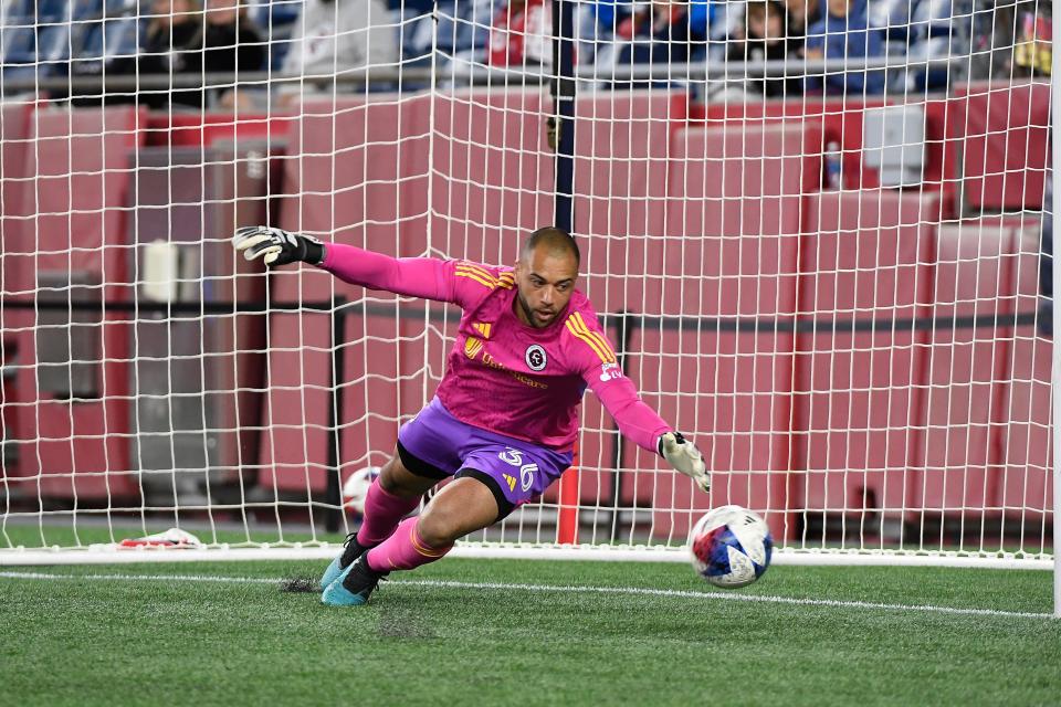 May 9, 2023; Foxborough, MA, USA; New England Revolution goalkeeper Earl Edwards Jr (36) dives for the save during the first half against the Pittsburgh Riverhounds SC at Gillette Stadium.