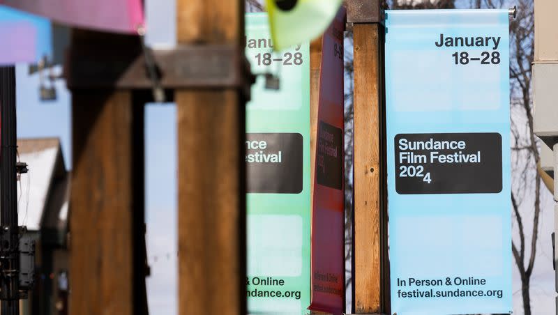 Signs for the 40th edition of the Sundance Film Festival are seen in Park City on Jan. 15, 2024. The 10-day festival will premiere films and episodic content, in addition to hosting panel discussions and events.