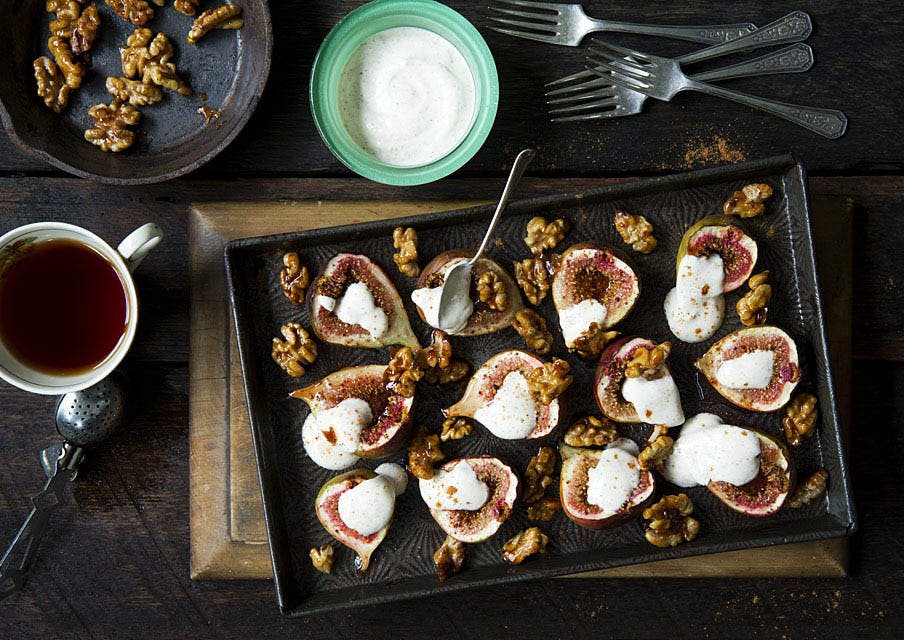 Baked Figs With Rosewater Honeyed Yoghurt & Candied Walnuts