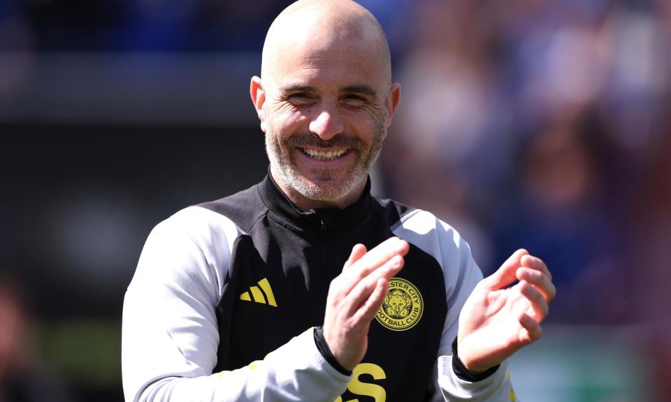 <span>Enzo Maresca celebrates Leicester’s promotion to the Premier League in April. </span><span>Photograph: Alex Pantling/Getty Images</span>