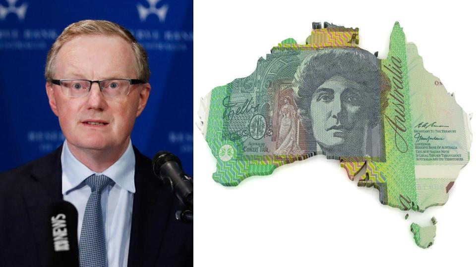 Pictured on the left the RBA's governor Philip Lowe, on the right a map of Australia made from a $100 bill