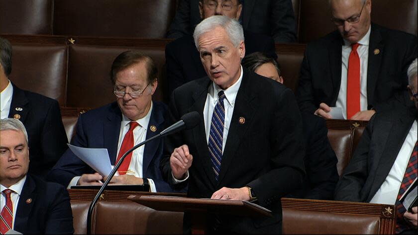 Rep. Tom McClintock, R-Calif., speaks as the House of Representatives debates the articles of impeachment against President Donald Trump at the Capitol in Washington, Wednesday, Dec. 18, 2019. (House Television via AP)