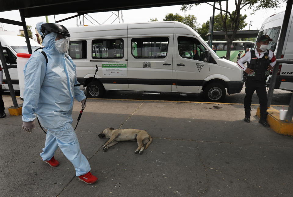 A member of cleaning crew wearing protective mask and suit walk after disinfecting a bus as a preventive measure against the spread of the new coronavirus, in Mexico City, Thursday, April 2, 2020. Mexico has started taking tougher measures against the new coronavirus, but some experts warn the country is acting too late and testing too little to prevent the type of crisis unfolding across the border in the United States. (AP Photo/Marco Ugarte)