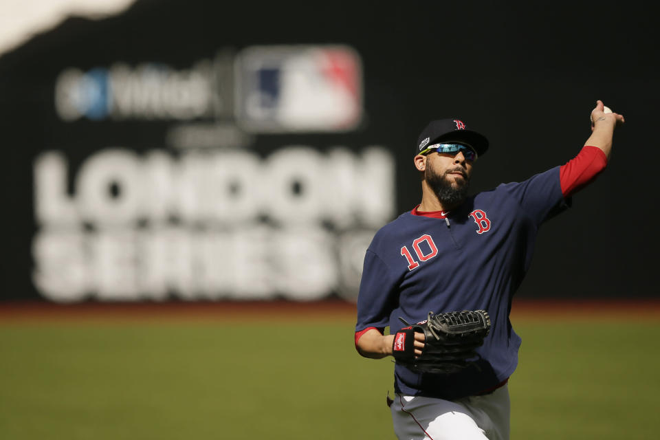 Boston Red Sox starting pitcher David Price throws during batting practice in London, Friday, June 28, 2019. Major League Baseball will make its European debut with the New York Yankees versus Boston Red Sox game at London Stadium this weekend. (AP Photo/Tim Ireland)